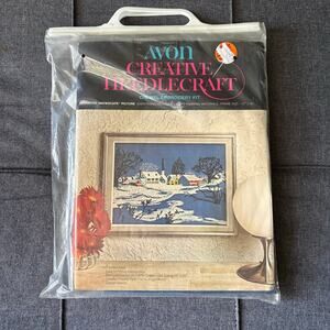 Country Snowscape Vintage Stamped Crewel Needlecraft Embroidery Kit by Avon 1973